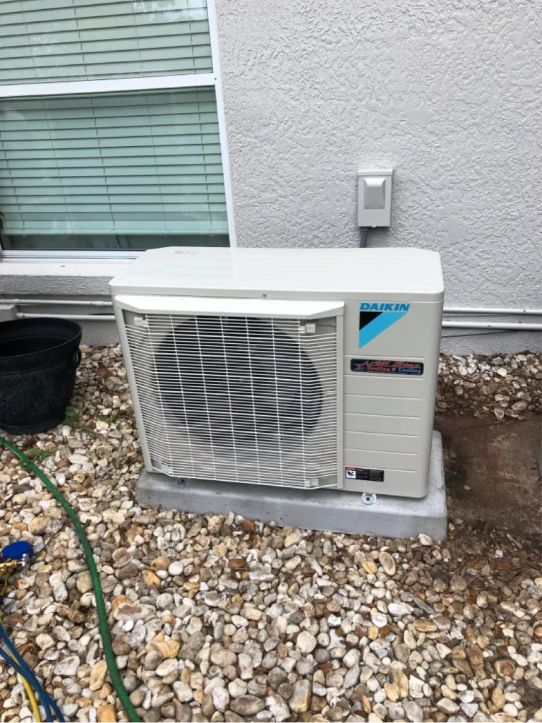Outdoor residential air conditioning condenser unit positioned beside a home